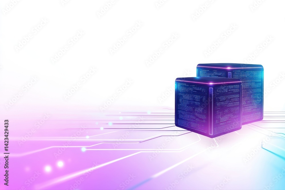 Poster abstract futuristic digital cubes with glowing neon light trails and technology-inspired background 