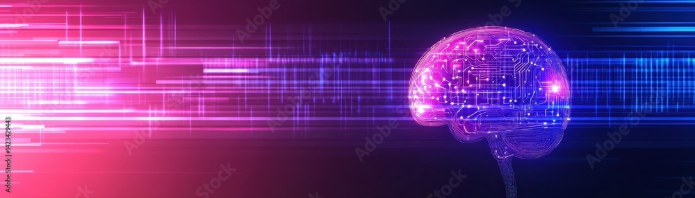 Poster futuristic digital brain hologram with vibrant neon glow and cyber network lines illustrating advanc