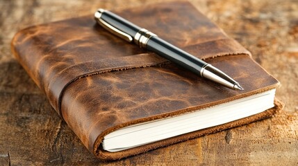 Classic wooden desk setup, pen and notebook for journaling notetaking 