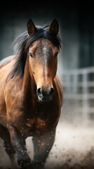 Obraz premium Brown horse galloping through dust in an outdoor arena during late afternoon light