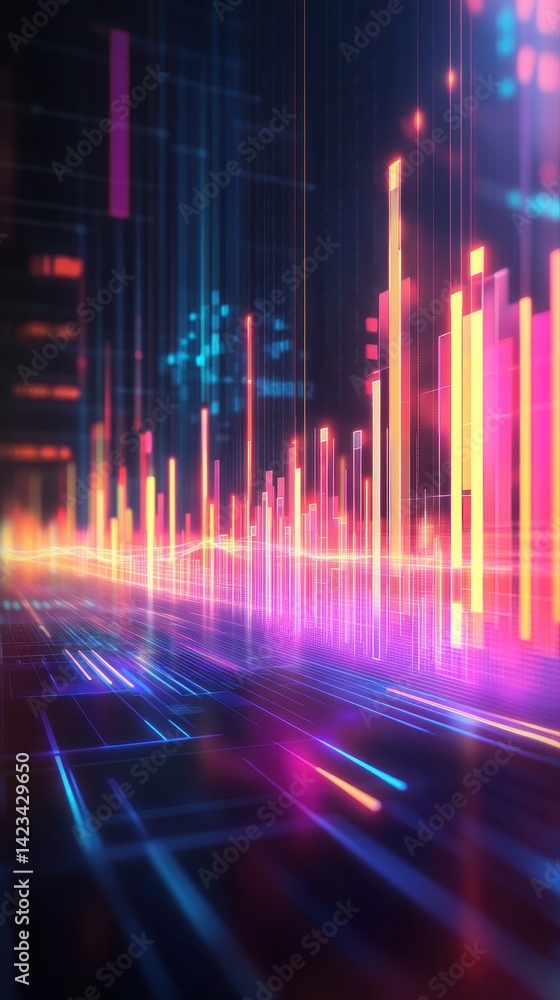 Aufkleber vibrant neon digital cityscape with glowing light bars and futuristic grid lines in a dynamic abstra