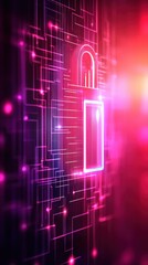 Vibrant neon digital lock icon glowing with futuristic circuitry and bright pink purple light effects on dark tech background for cybersecurity concept