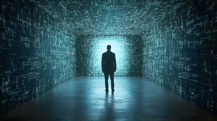 Obraz premium Silhouette of a Man Standing in a Blue Digital Tunnel