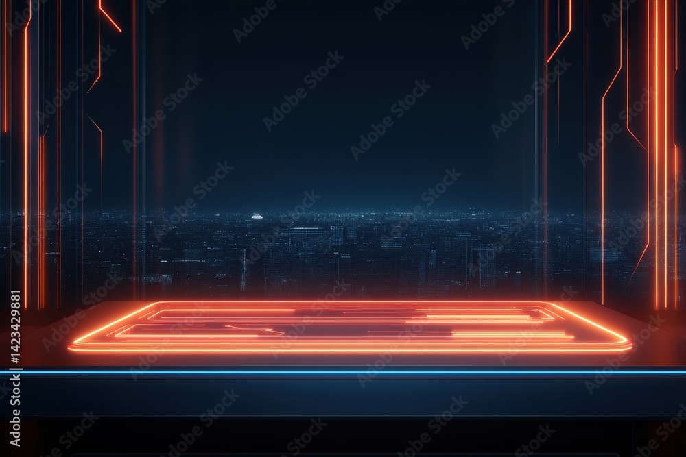 Aufkleber futuristic digital interface with glowing neon lines and virtual holographic platform in a dark tech