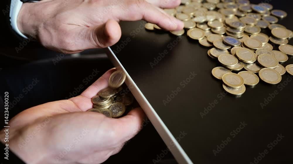 Poster close-up hands sorting coins captures tension of economic decline in slow motion