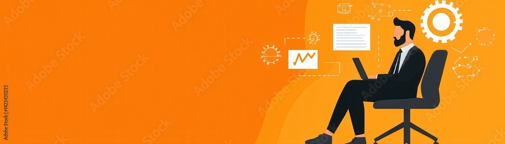 Poster businessman working on laptop in office with digital data icons and graphs background for technology