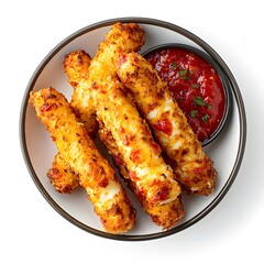 A delicious plate of golden-brown mozzarella cheese sticks served with a side of vibrant red marinara dipping sauce sits on a white background.