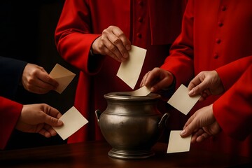 Symbolic Religious Voting Process with Ballots and Ceremonial Vessel