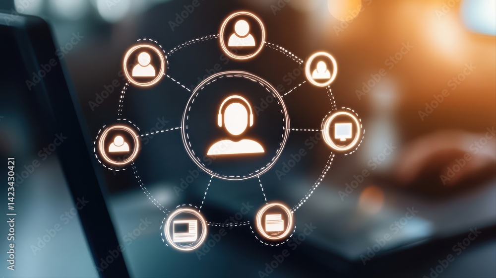 Poster modern business network connection with digital profiles and technology icons representing communica