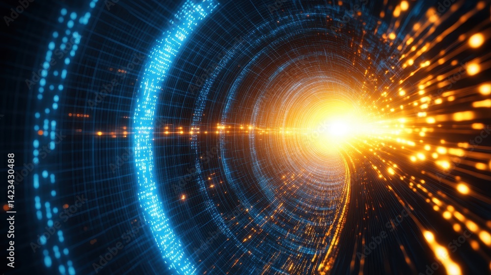 Poster abstract digital technology background featu vibrant blue and orange glowing futuristic circular ele