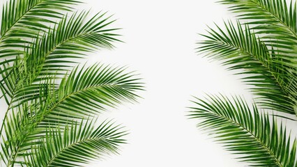A tropical beach scene with palm leaves on a white background.
