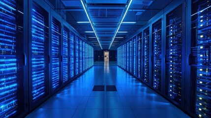High-tech server room showcasing rows of computer equipment.