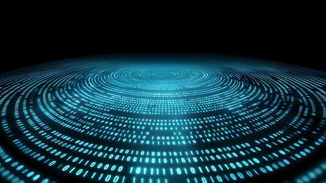 A dark background features a swirling, concentric pattern of glowing teal binary code.