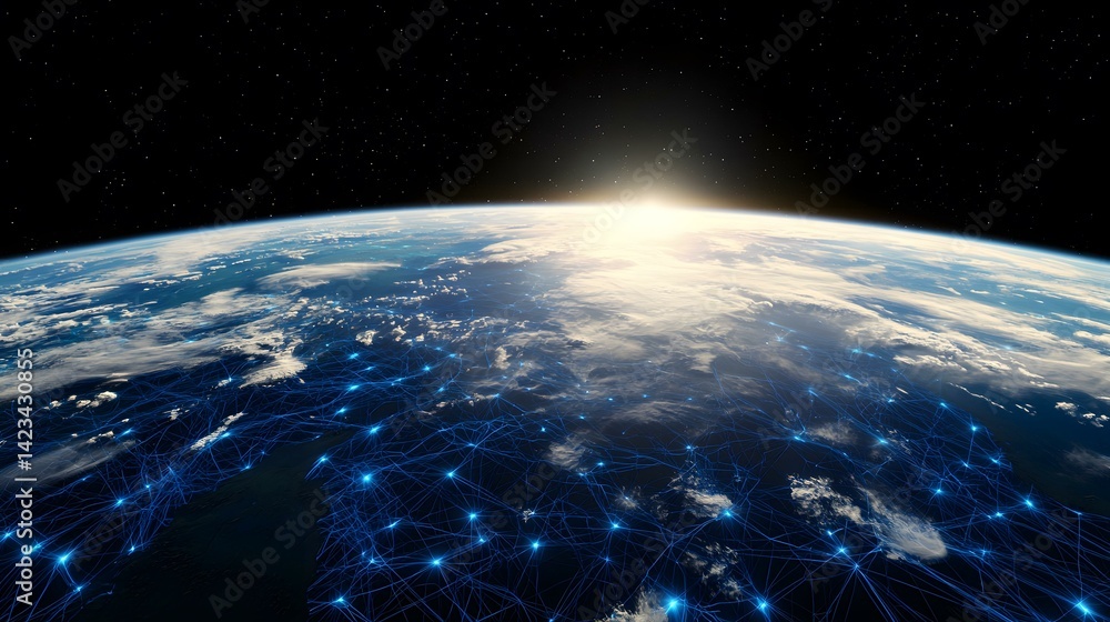 Poster a digital rendering shows the earth from space with a network of glowing blue lines superimposed ove