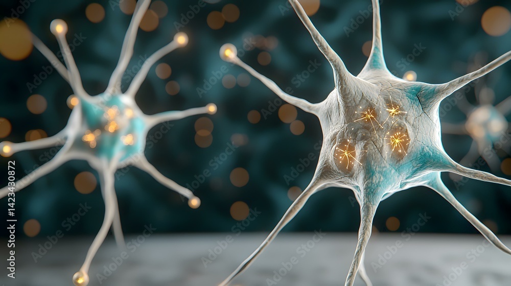 Poster the image shows a detailed close-up of two neurons, their processes extending and connecting, with g