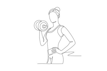 Woman lifting dumbbells. Woman fitness concept one-line drawing