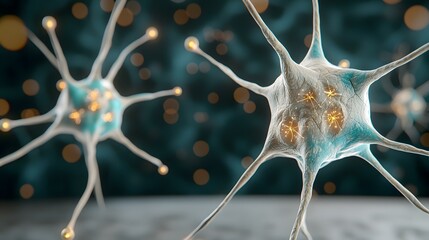 The image shows a detailed close-up of two neurons, their processes extending and connecting, with glowing points of light representing synapses, set against a dark teal bokeh background.