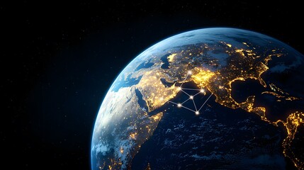 A nighttime view of Earth from space, showing city lights concentrated in the Middle East and Europe, interconnected by a network of glowing lines.