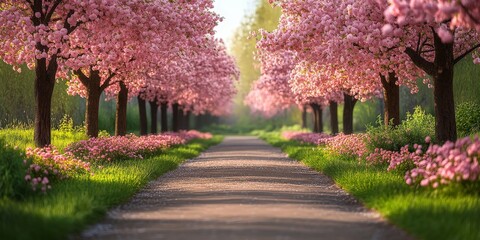 Naklejka premium Stunning cherry blossom trees creating a beautiful path in the spring season