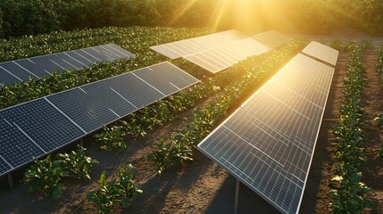 Solar panels collecting sunlight in agricultural field at sunset
