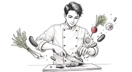 Chef preparing fresh vegetables culinary illustration healthy food recipe cookbook restaurant menu