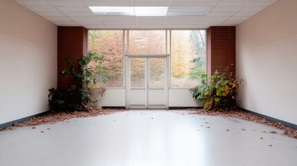 Empty school hallway with autumn leaves and plants. Sunlight streams through large windows