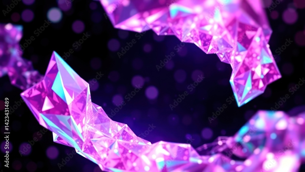 Poster glowing purple and cyan crystal shards form a dynamic, abstract curve against a bokeh backdrop