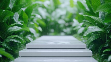 White Steps Lush Greenery Serene Minimalist Style High Resolution Soft Lighting Horizontal Rain-Washed Surface Tranquil Pathway Verdant Background Cool Green Tones Website Banner