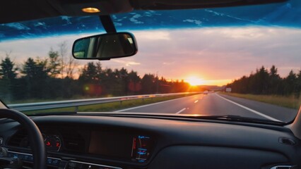 Car journey during sunset with road and trees in the background. Two-part panoramic view of vehicle driving at night on highway with lights on.