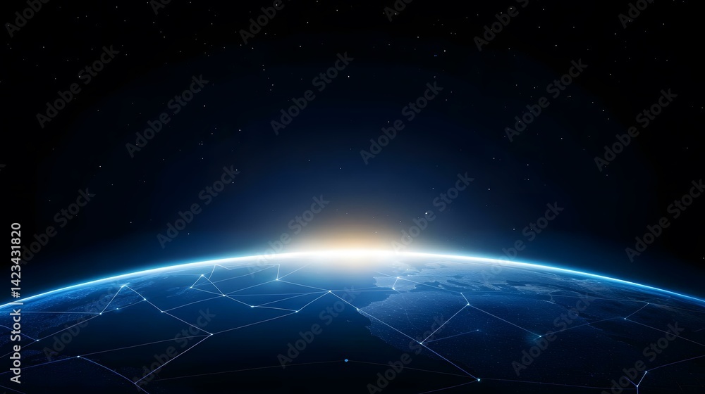 Poster the image shows a stylized representation of planet earth viewed from space, with a network of glowi
