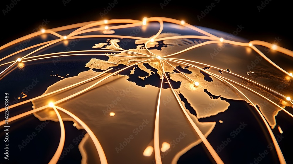 Aufkleber a dark globe with a golden embossed map of europe and surrounding areas, interconnected by glowing o