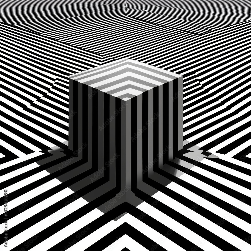 Poster monochromatic optical illusion with geometric patterns and shadows. ai optical illusion art