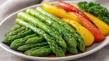 Overhead Shot of Green Asparagus and Sliced Bell Peppers on White Ceramic Plate
