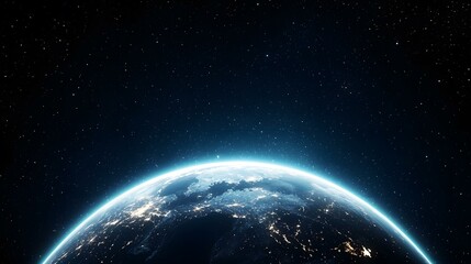 The image shows a view of Earth from space at night, with city lights illuminating the planet's surface and a bright glow along the terminator line where day meets night.  The backdrop is a dark expa