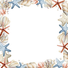 Sea Shells and Starfishes Frame. Cute ocean marine plants animal. Watercolor summer isolated pastel shades illustration