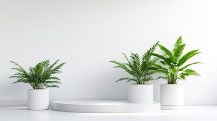 Minimalist white room with potted plants on a circular podium