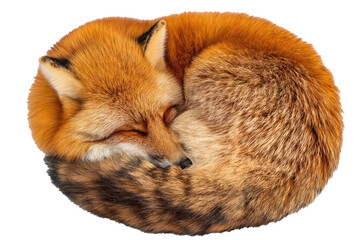Obraz premium a single fox curled into a tight sleeping ball, tail wrapped over its nose, presented in a detailed and artistic composition, set against a clean 