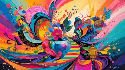 ibrant, eclectic illustration blending elements of art, culture, and fashion, with abstract shapes and patterns in a kaleidoscope of colors, featuring swirling brushstrokes, bold lines, and textures, 