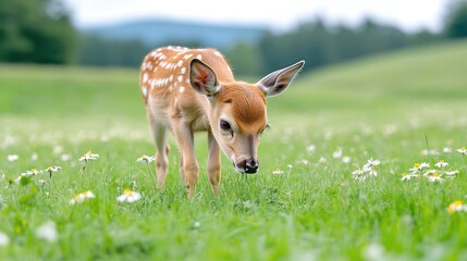 Fawn grazing in meadow