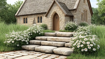 Stone Cottage with White Flowers and Stone Steps