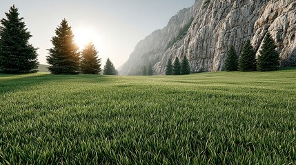 Sunrise Meadow Landscape Green Grass, Evergreen Trees, Rocky Mountain