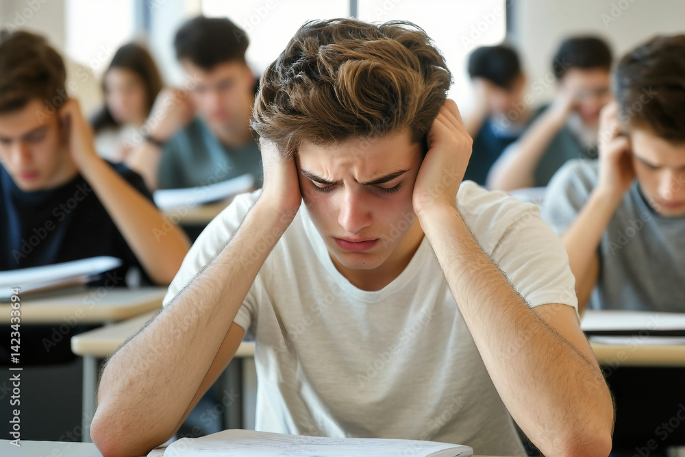 Poster focused student writing during test exam in classroom surrounded by classmates during study session 