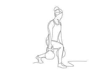 Woman holding kettlebell. Woman fitness concept one-line drawing