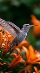 Fototapeta premium Hummingbird in flight amidst vibrant orange lilies