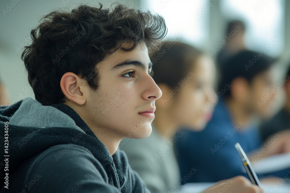 Poster focused student writing during test exam in classroom surrounded by classmates during study session 