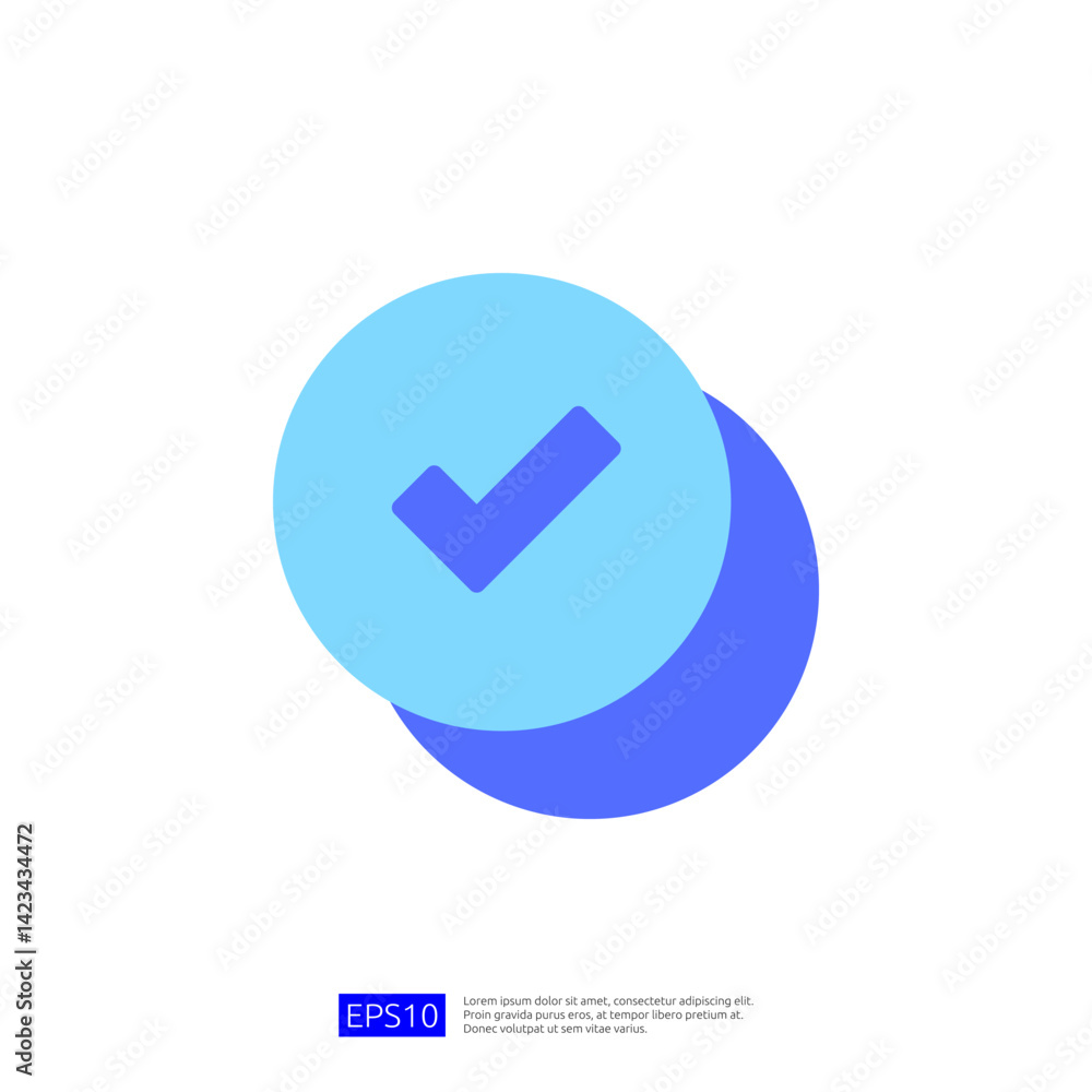 Poster blue checkmark icon in a circular shape with shadow against white background representing approval a