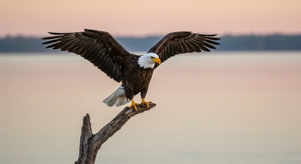 Obraz premium Eagle Landing with Wings Spread Over Water at Dusk