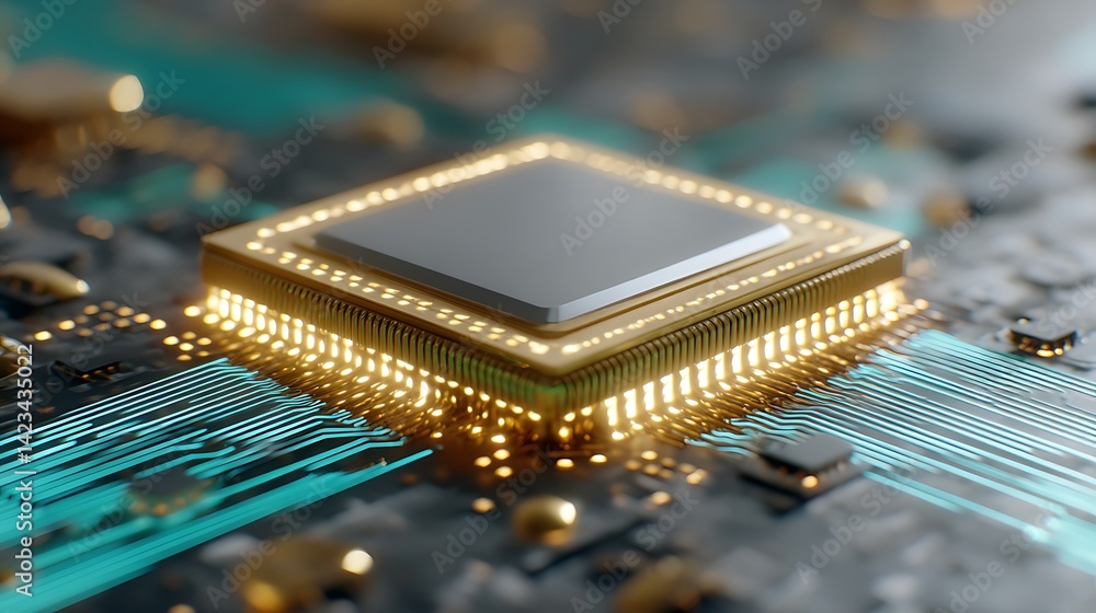 Poster the close-up view of a modern microchip showcasing advanced circuitry and technology