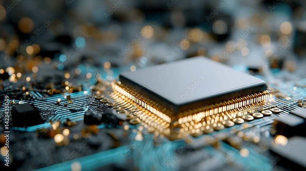 Poster the close-up view of a modern microchip showcasing advanced circuitry and technology