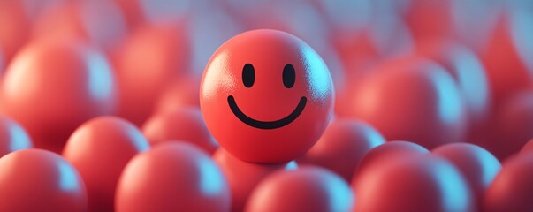 Red smiley face ball standing out from the crowd